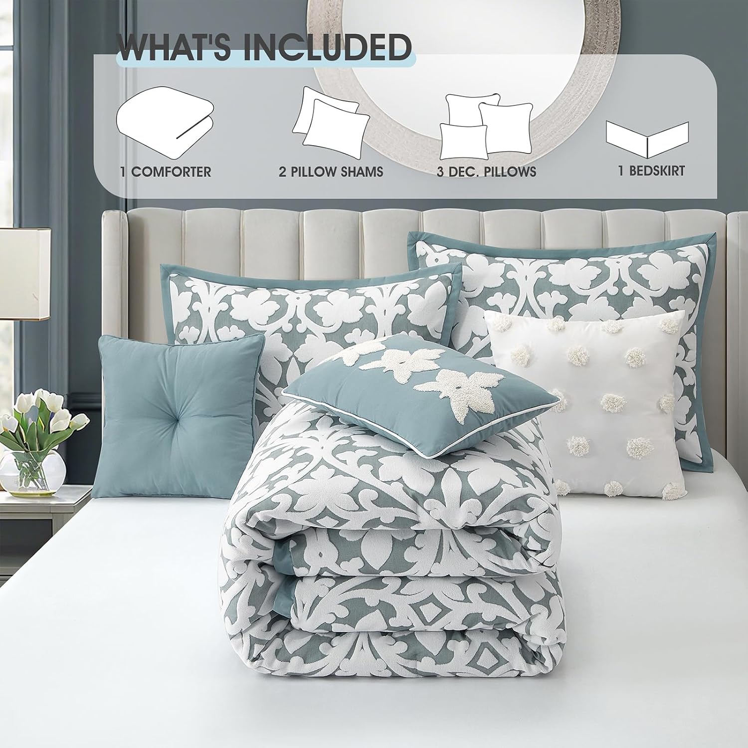 LANCO MODERN LIFESTYLE 7 Pieces Comforter Set, Queen, Blue, Jacquard Floral Pattern and Classy Damask Medallion Design, Ultra Soft, Includes Bed Skirt, Shams, and Decorative Pillows
