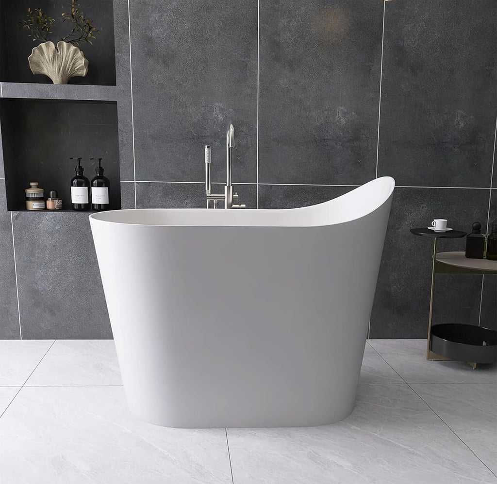 43' Stone Resin Janpanese Soaking Tub, Freestanding Deep Soaking Bathtub with Seat Desgin,Toe-tap Chrome Right Drain, Slotted Overflow, cUPC Certified, Matte White AMG026-1100