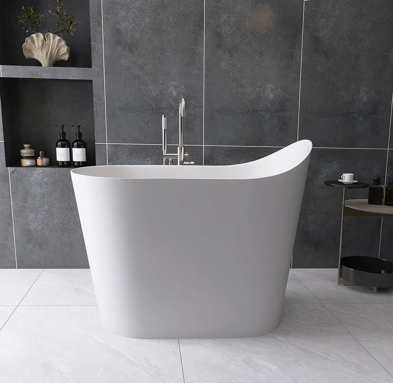43' Stone Resin Janpanese Soaking Tub, Freestanding Deep Soaking Bathtub with Seat Desgin,Toe-tap Chrome Right Drain, Slotted Overflow, cUPC Certified, Matte White AMG026-1100