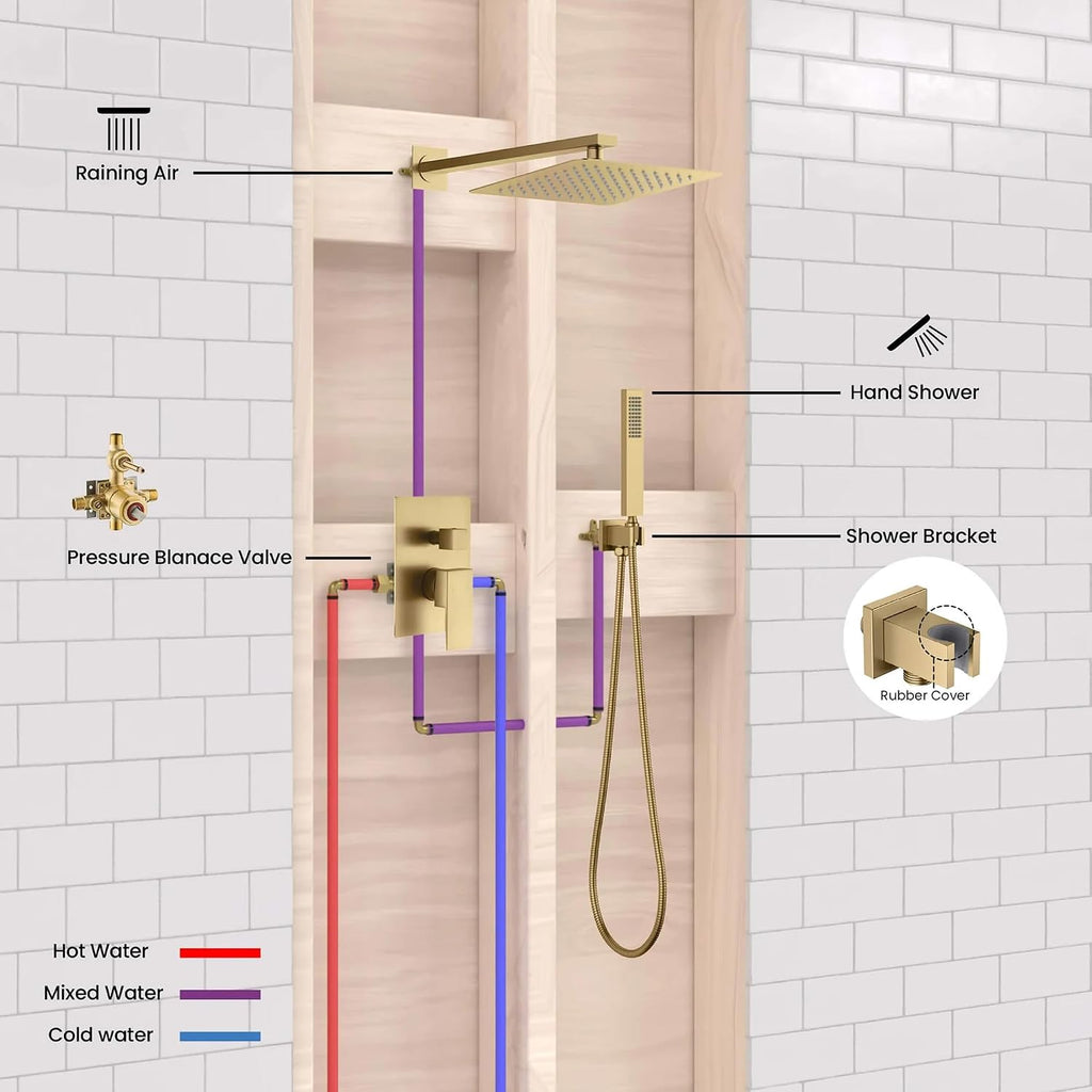 KIBI Cube Bathroom Shower System | 2-Function Wall Mounted Shower Faucet Set with Solid Brass Pressure Balanced Valve | Three Hand Shower Modes | 15-inch Long Shower Arm | Brushed Brass (KSF405)