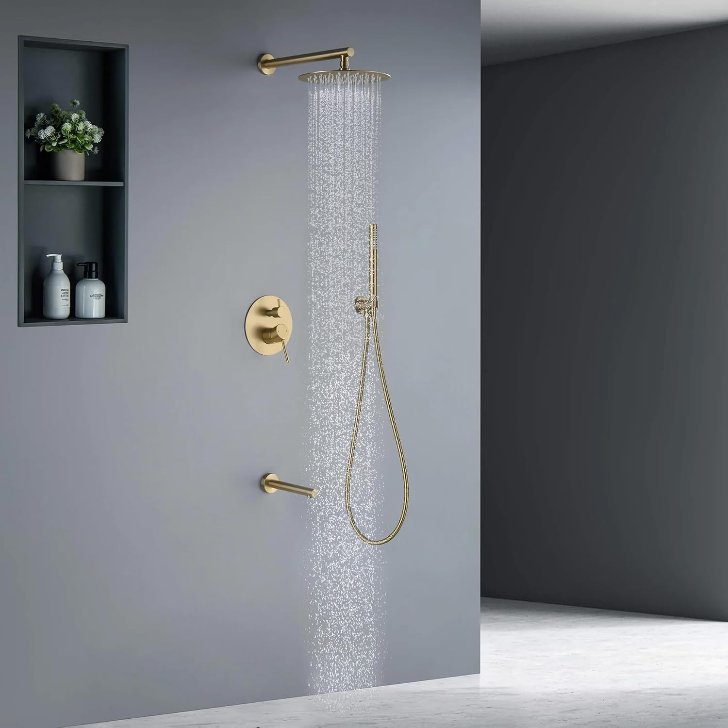 KIBI Circular Bathroom Shower System | 3-Function Wall Mounted Shower Faucet Set with Solid Brass Pressure Balanced Valve | Three Hand Shower Modes | 15-inch Long Shower Arm | Brushed Brass (KSF404)
