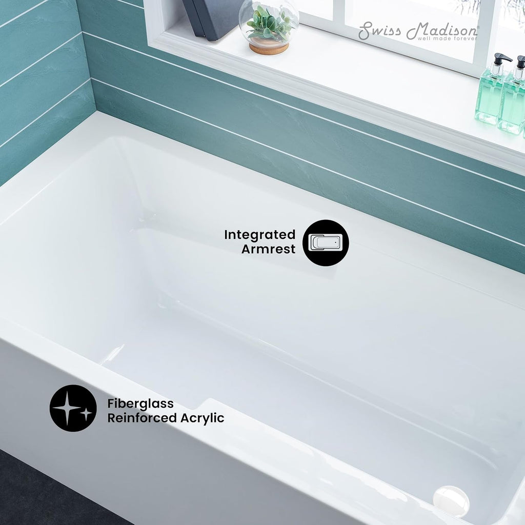 Swiss Madison Voltaire 54 x 30 Skirted Right Drain Soaking Apron Bathtub in Glossy White with Integrated Overflow and Armrest, Drain Included