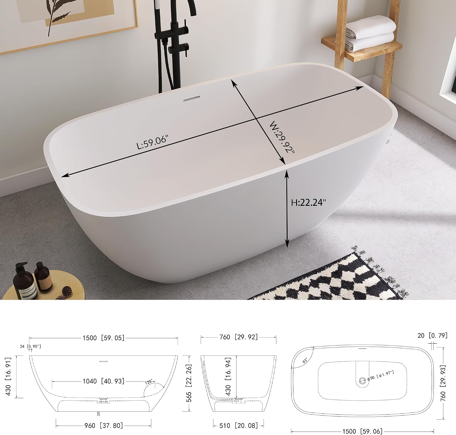 SJ STAR&JANE Solid Surface Freestanding Bathtub, 59' Stone Resin Oval Soaking Tub with Overflow & Pop-up Drain, Modern Stand Alone Tub in Matte White Finish for Bathrooms