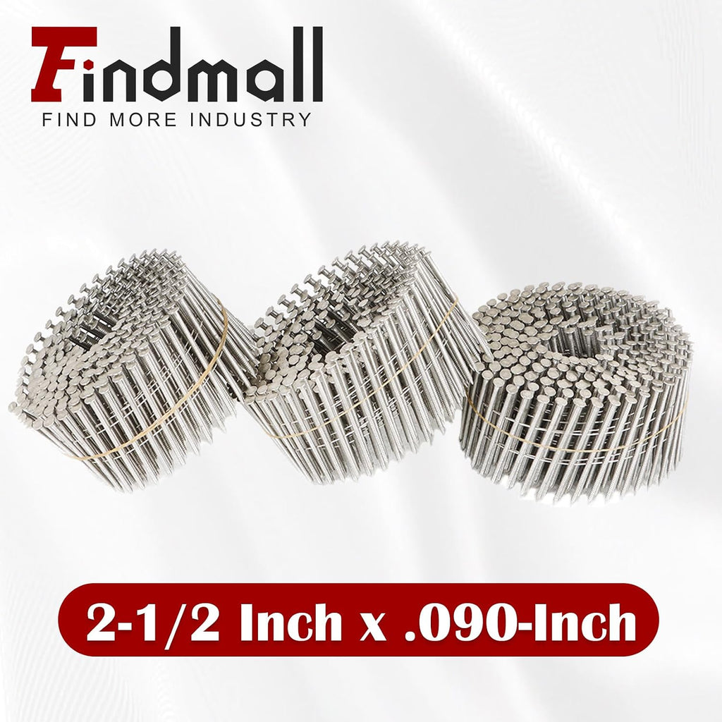 findmall 3600 Count 2-1/2 Inch x .090-Inch Ring Shank 304 Stainless Steel Siding Nails 15-Degree Collated Wire Coil for Wood or Fencing Applications
