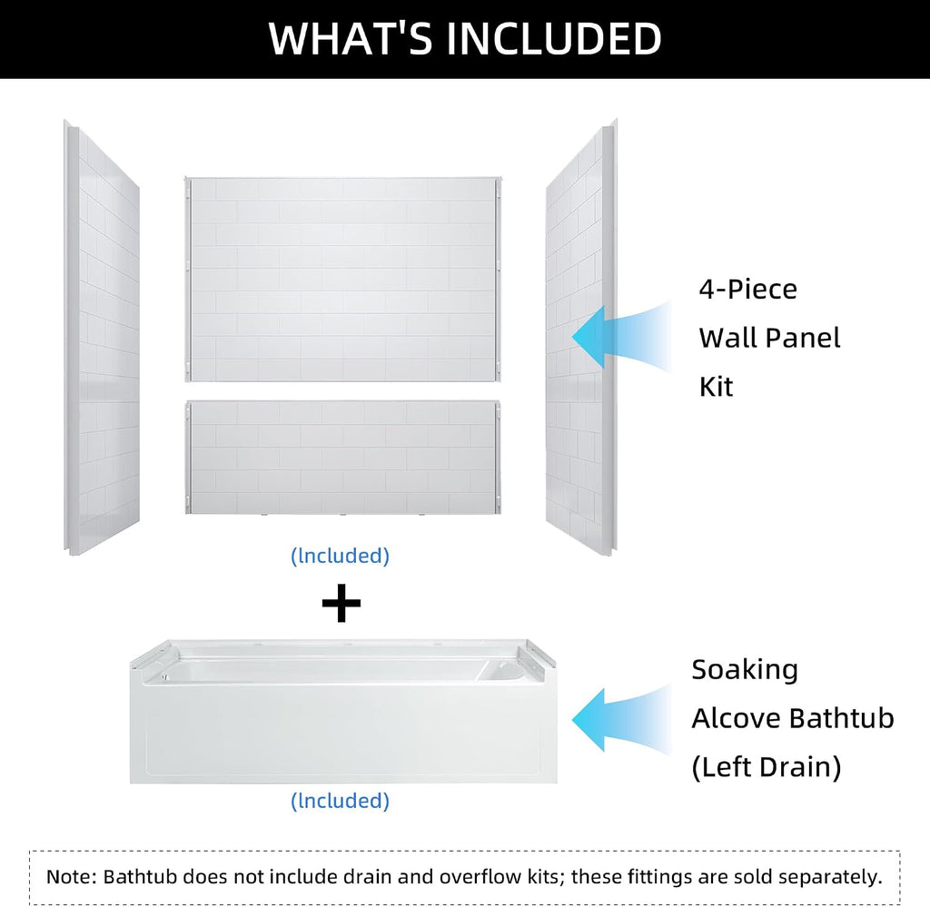 WOODBRIDGE 60' x 32' Four-Piece Direct-to-Stud Alcove Tub Surround with Left-Drain Soaking Bathtub Combo in White