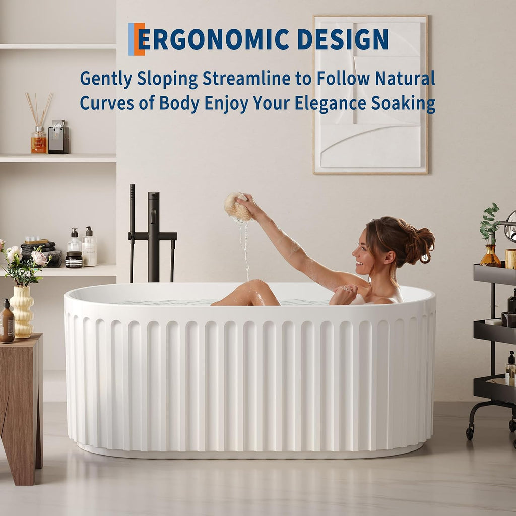59 Inch Freestanding Bathtub, All-White Acrylic Soaking Tub with Chrome Drain, Deep Soaking Design for Spa Relaxation, Elegant Modern Bathtub for Main Bathroom,or Luxury Home