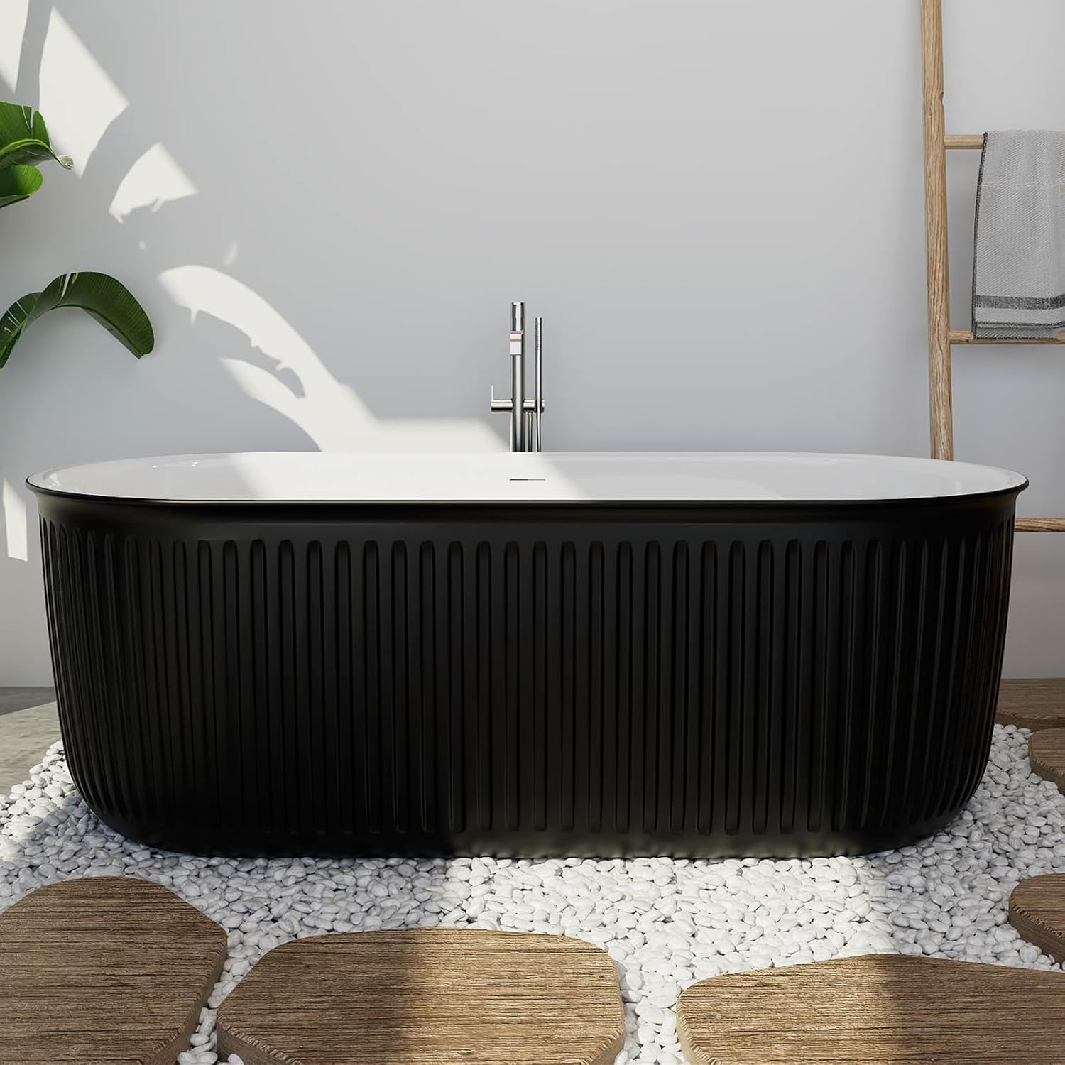 67' Freestanding Bathtub Double Ended Shape,Painted Ripple Bathtub，Soaking Tub with Integrated Slotted Overflow, Toe-Tap Chrome Drain, cUPC Certified,Black