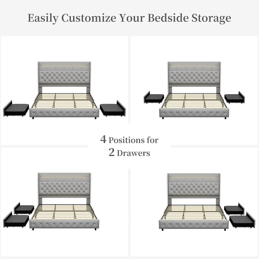 SIBEDS King Led Bed Frame with Galaxy Aurora Star Projector, Platform Beds with Charging Station, 52' Diamond Upholstered Wingback Bedframe with 2 Storage Drawers, No Box Spring Needed, PU Grey