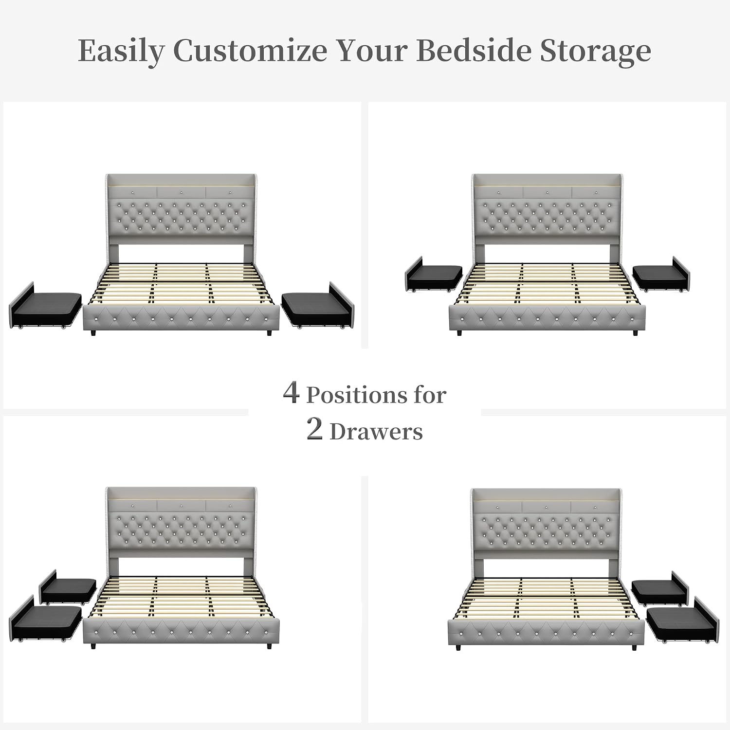 SIBEDS King Led Bed Frame with Galaxy Aurora Star Projector, Platform Beds with Charging Station, 52' Diamond Upholstered Wingback Bedframe with 2 Storage Drawers, No Box Spring Needed, PU Grey