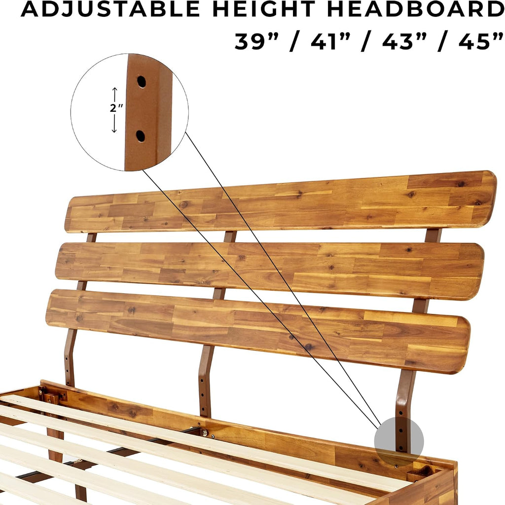 Bme Caden 15 Inch Deluxe Bed Frame with Adjustable Headboard - Mid Century, Retro Style with Acacia Wood - No Box Spring Needed - 12 Strong Wood Slat Support - Easy Assembly - Caramel, King