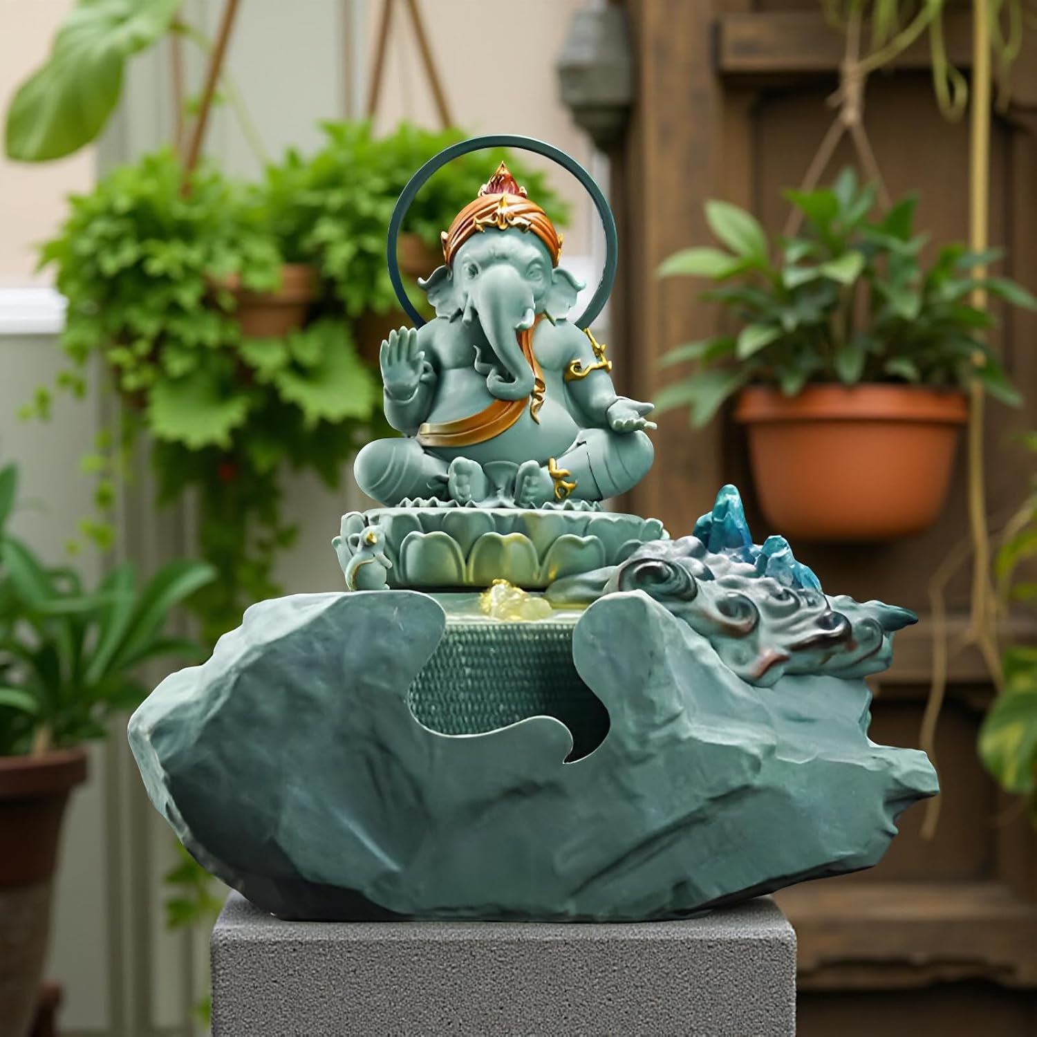 Zen Buddha Tabletop Fountain with LED Lights & Crystal Accents – Indoor Meditation Waterfall Feature with Cascading Water for Home, Office, Living Room or Bedroom – Free 10 Free Crystals (Style 5)