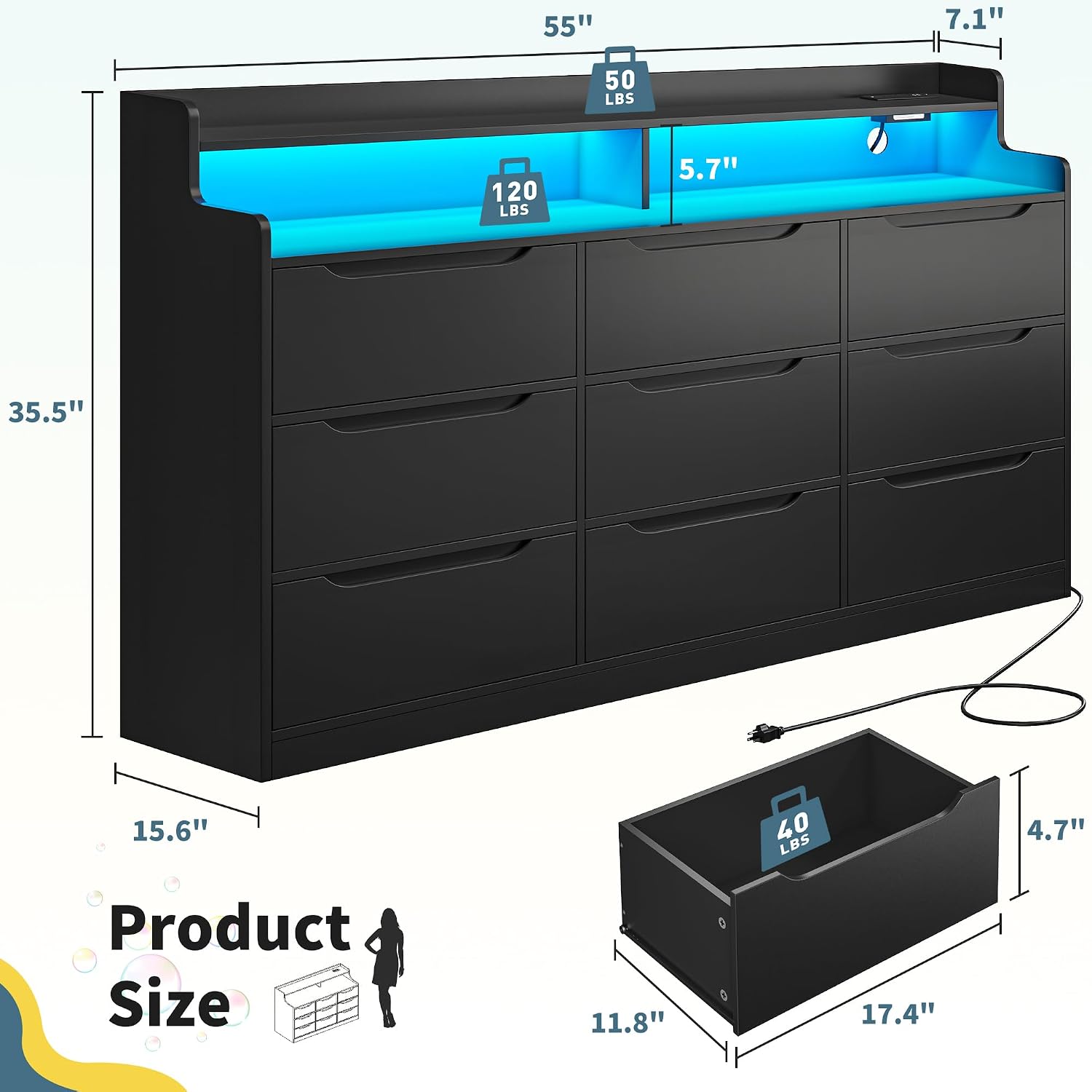 DurayLoly Black Dresser for Bedroom with LED Light & Charging Station Modern 9 Drawer Dresser for Bedroom Wood Chest of Drawers for Living Room Hallway, Anti-Tip Safety, 15.6' D x 55' W x 35.5' H