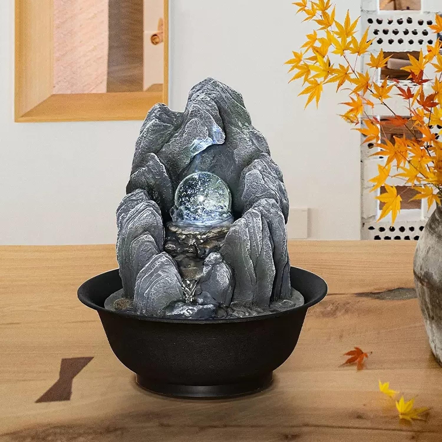 HIHELO Desktop Fountain Desktop Fountain Indoor Tabletop Fountain Waterfall with Rotatable Ball for Desk Office Home Bedroom Water Fountain Outdoor
