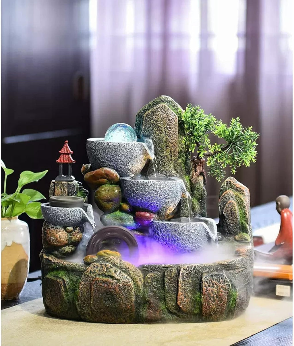 HIHELO Desktop Fountain 3 Tier Tabletop Fountain with Cascading Rocks Waterfall and Water Mist for Office Home Bedroom Study Room Decoration Water Fountain Outdoor (Size : Small)