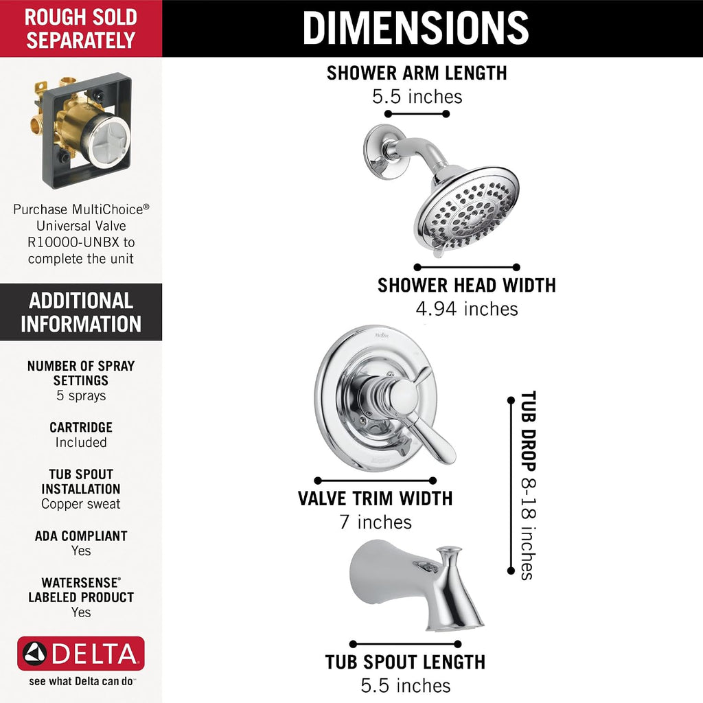 Delta Faucet Lahara 17 Series Dual-Function Tub and Shower Trim Kit with 5-Spray Touch-Clean Shower Head, Stainless T17438-SS (Valve Not Included)