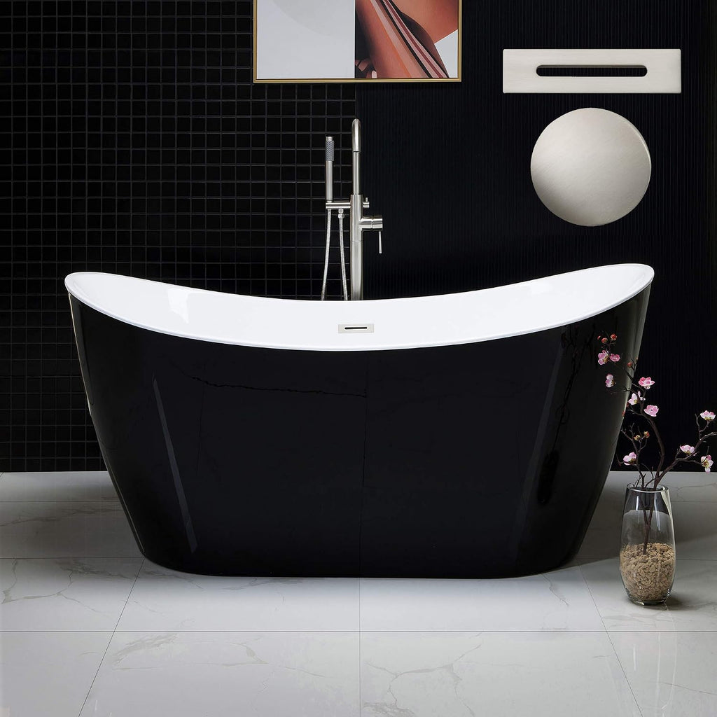 WOODBRIDGE 59' Acrylic Freestanding Bathtub Contemporary Soaking Tub with Brushed Nickel Overflow and Drain, B-1816 Black Color