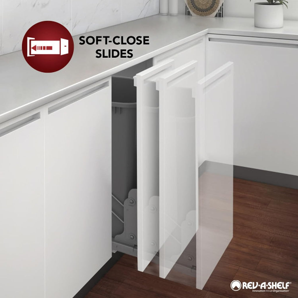 Rev-A-Shelf 50 Qt Bottom Mount Double Pullout Under Cabinet Kitchen Trash Cans w/Soft-Close & 1 Lid for Base Cabinets, Min Opening Width of 18', Silver, 4WCSC-2150DM-2