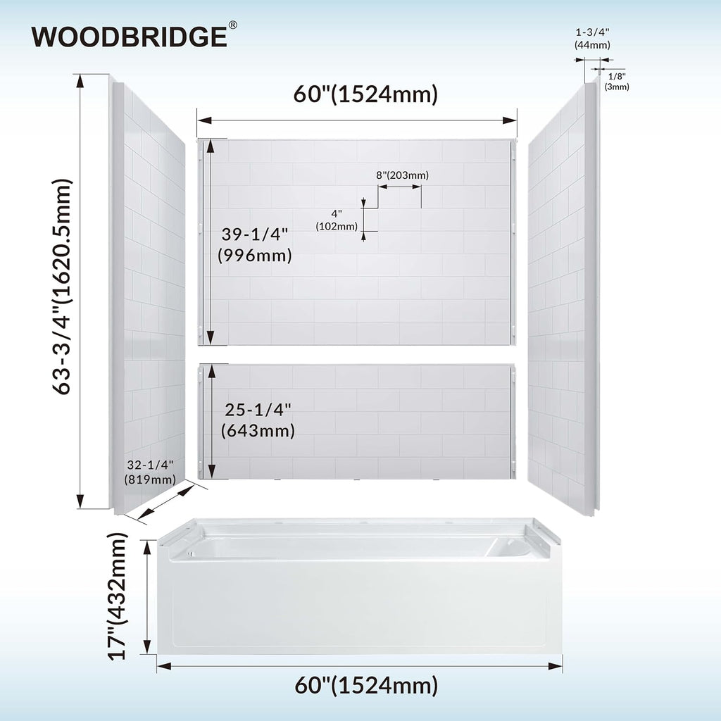 WOODBRIDGE 60' x 32' Four-Piece Direct-to-Stud Alcove Tub Surround with Left-Drain Soaking Bathtub Combo in White