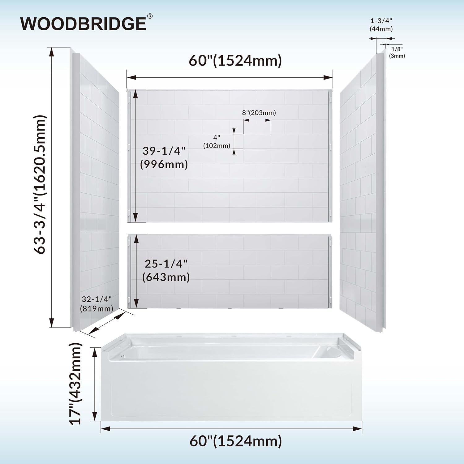 WOODBRIDGE 60' x 32' Four-Piece Direct-to-Stud Alcove Tub Surround with Left-Drain Soaking Bathtub Combo in White