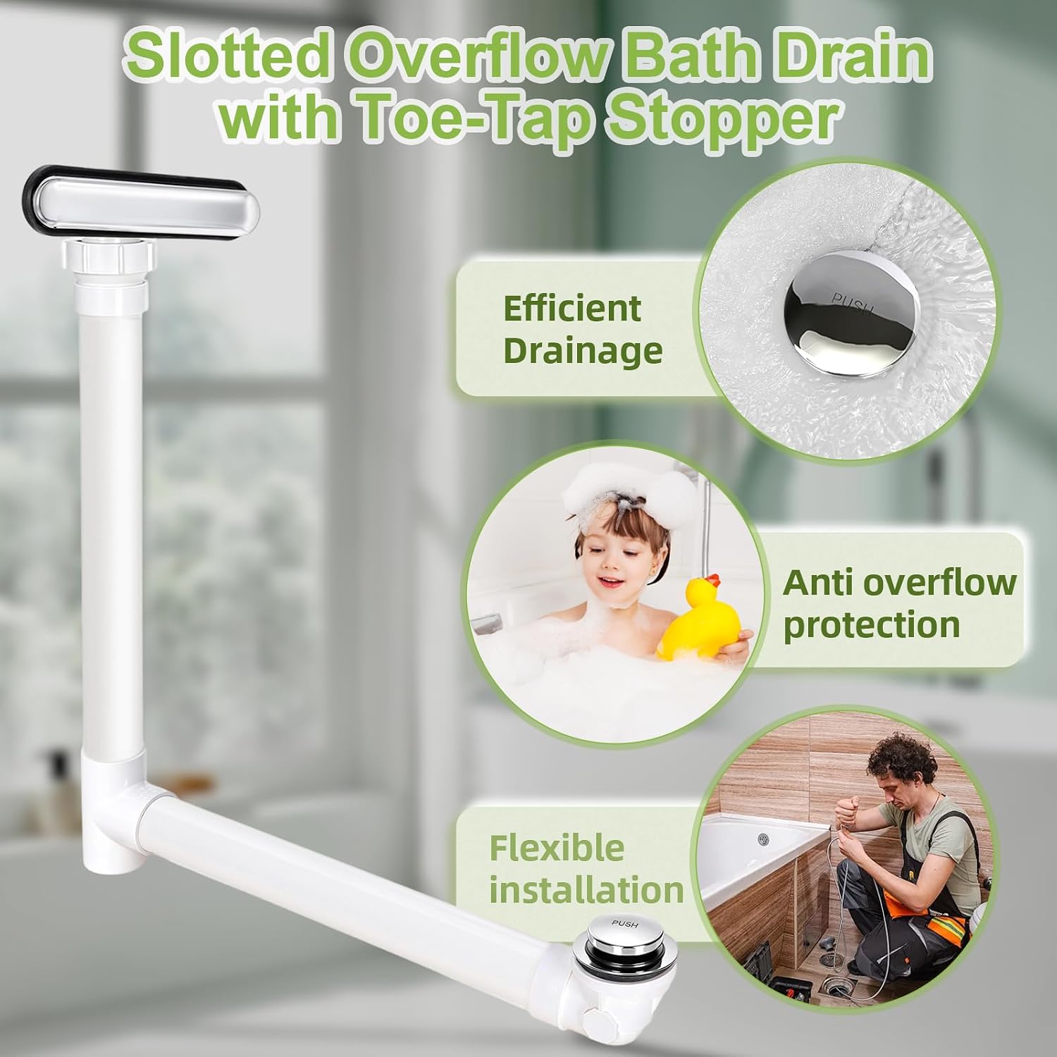 Slotted Overflow Bath Drain with Toe-Tap Stopper, with Metal Overflow Cover, Compatible with Kohler Elevance/Archer/Underscore/Rêve/Parity Baths and Whirlpools, Brushed Nickel, Easy Installation