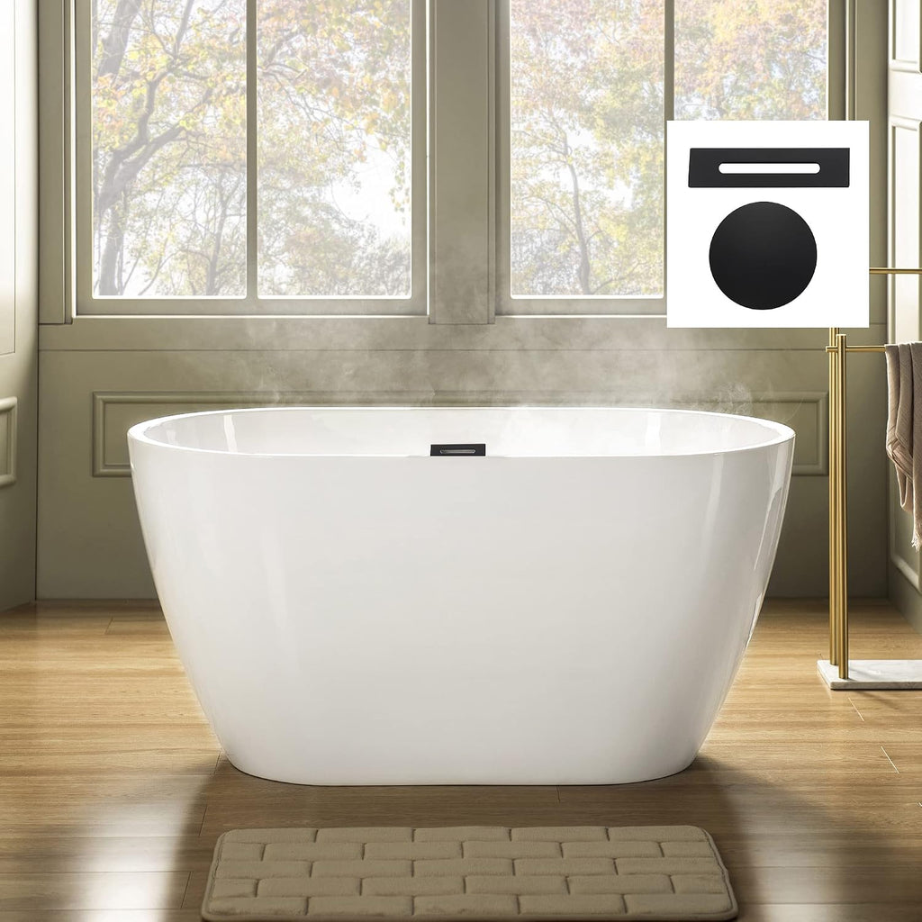 WOODBRIDGE 48' Acrylic Freestanding Bathtub Contemporary Soaking Tub, White Acrylic(Matte Black Drain/Overflow),BTA1703-MB-Drain&O