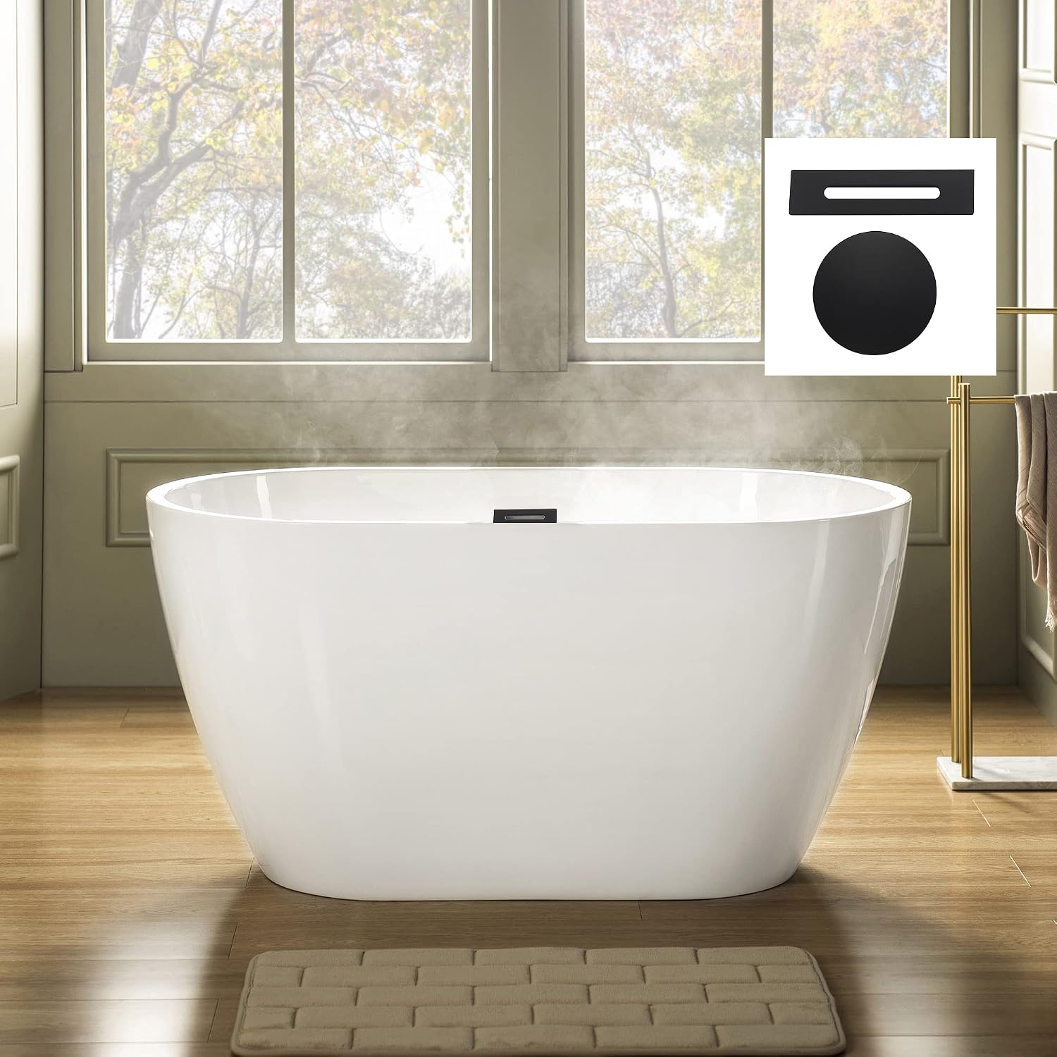 WOODBRIDGE 48' Acrylic Freestanding Bathtub Contemporary Soaking Tub, White Acrylic(Matte Black Drain/Overflow),BTA1703-MB-Drain&O