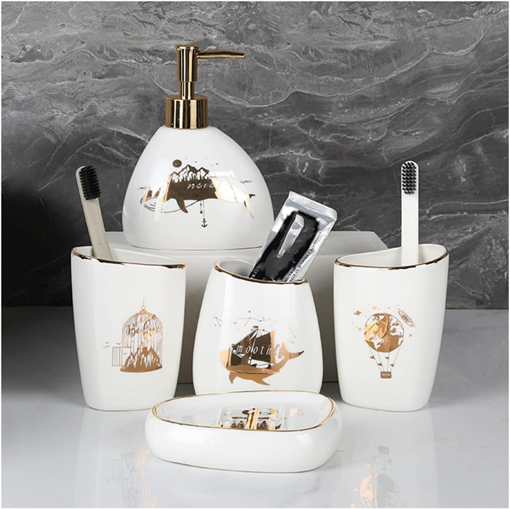 Bathroom Accessories Set Soap Dispenser Set White Bathroom Accessory Sets with Toothbrush Cup Dish Holder for Apartment Dormitory Victorian Decor(Ocean)