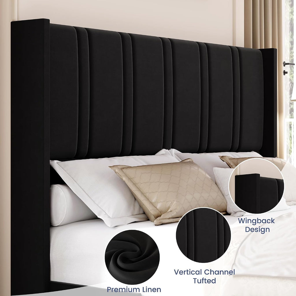 BRELTAM Queen Size Bed Frame with 4 Storage Drawers Velvet Upholstered Platform Bed with Wingback Headboard, No Box Spring Needed, Easy Assembly, Black