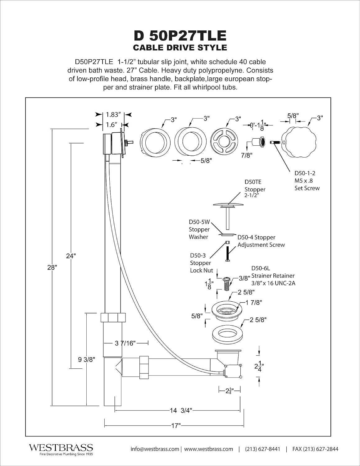 Westbrass D50P27TLE-05 27' Cable Drive Standard Bath Drain Trim Kit with Rotary Overflow Cover Knob, Pop-Up Stopper and Poly Tubular Pipes & Fittings, Polished Nickel