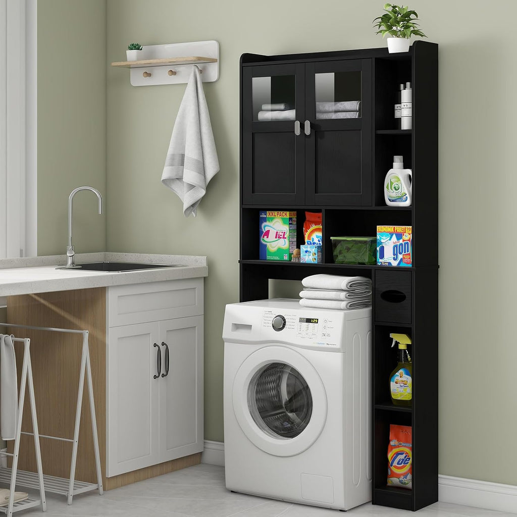 Vabches Over The Toilet Storage Cabinet, Bathroom Shelf Over Toilet with Glass Doors and Adjustable Shelves, Black Freestanding Home Space Save Toilet Rack, for Restroom, Bathroom, Laundry