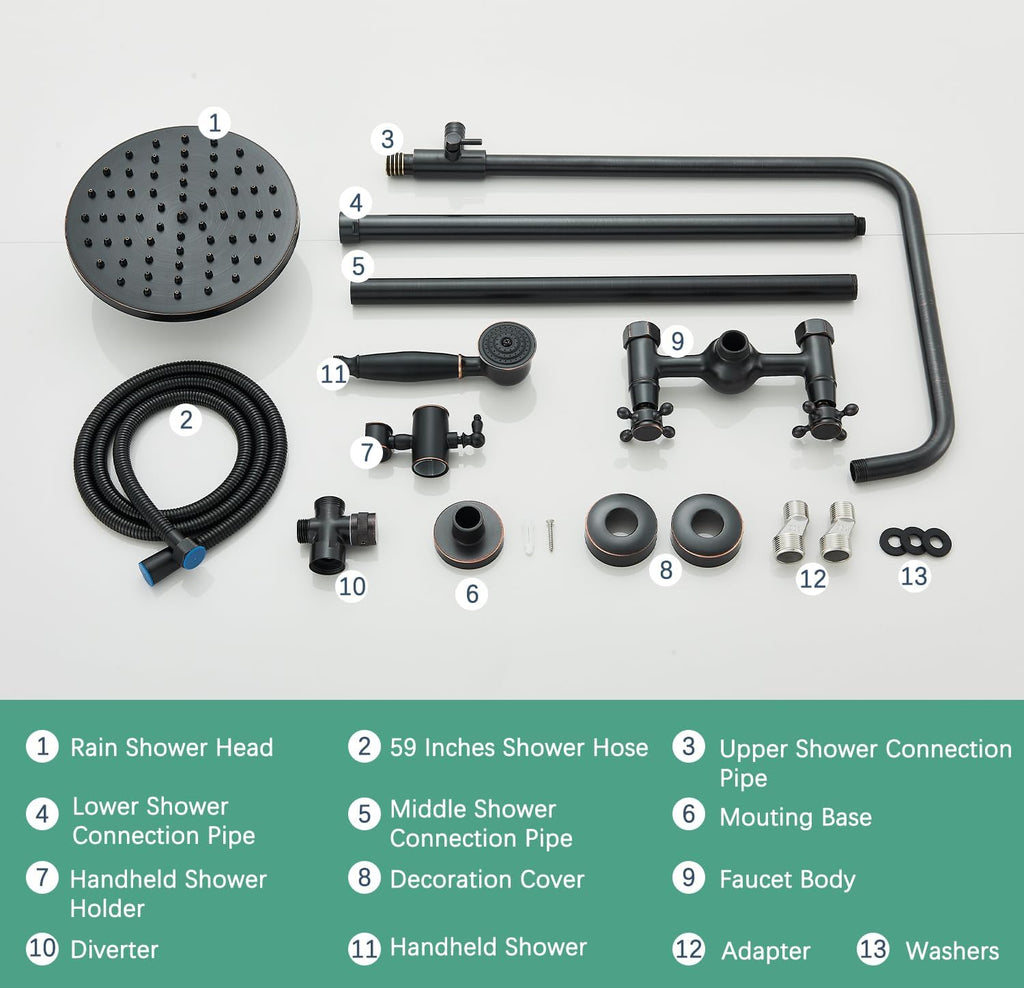 Rain Shower System Oil Rubbed Bronze Outdoor Shower Faucet Set with 8 Inch Rainfall Shower Head Handheld Spray 2 Cross Handles Wall Mounted Bathroom Shower Fixtures Solid Brass