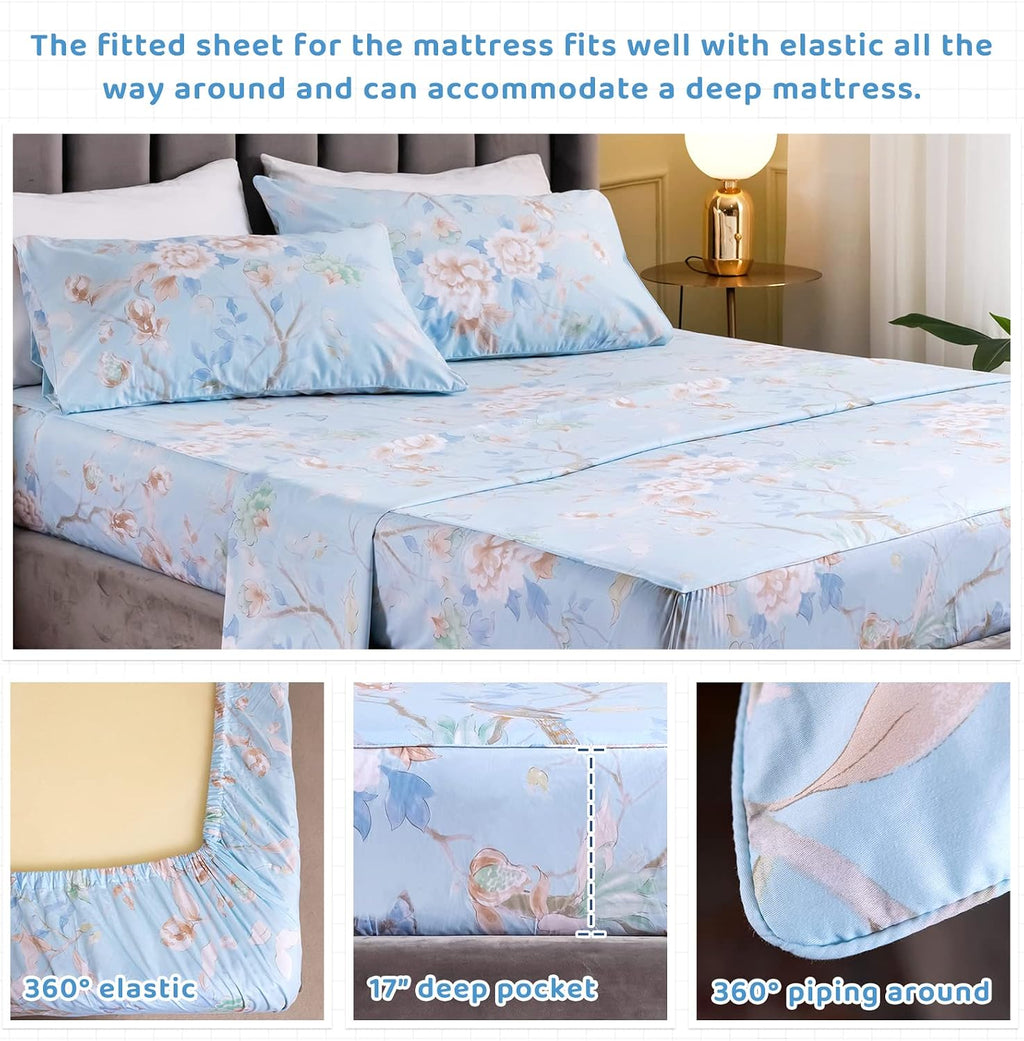 QSH 100% Egyptian Cotton Cal King Sheets, Blue Bird Plant Pattern Botanical Luxury Cotton Printed Flower California King Bedding Sheets, 4pcs Deep Pocket California King Floral Bed Sheet Set