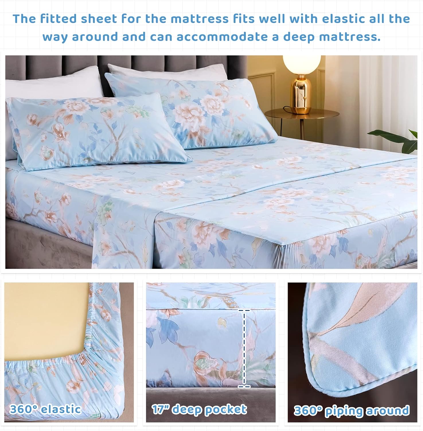 QSH 100% Egyptian Cotton Cal King Sheets, Blue Bird Plant Pattern Botanical Luxury Cotton Printed Flower California King Bedding Sheets, 4pcs Deep Pocket California King Floral Bed Sheet Set