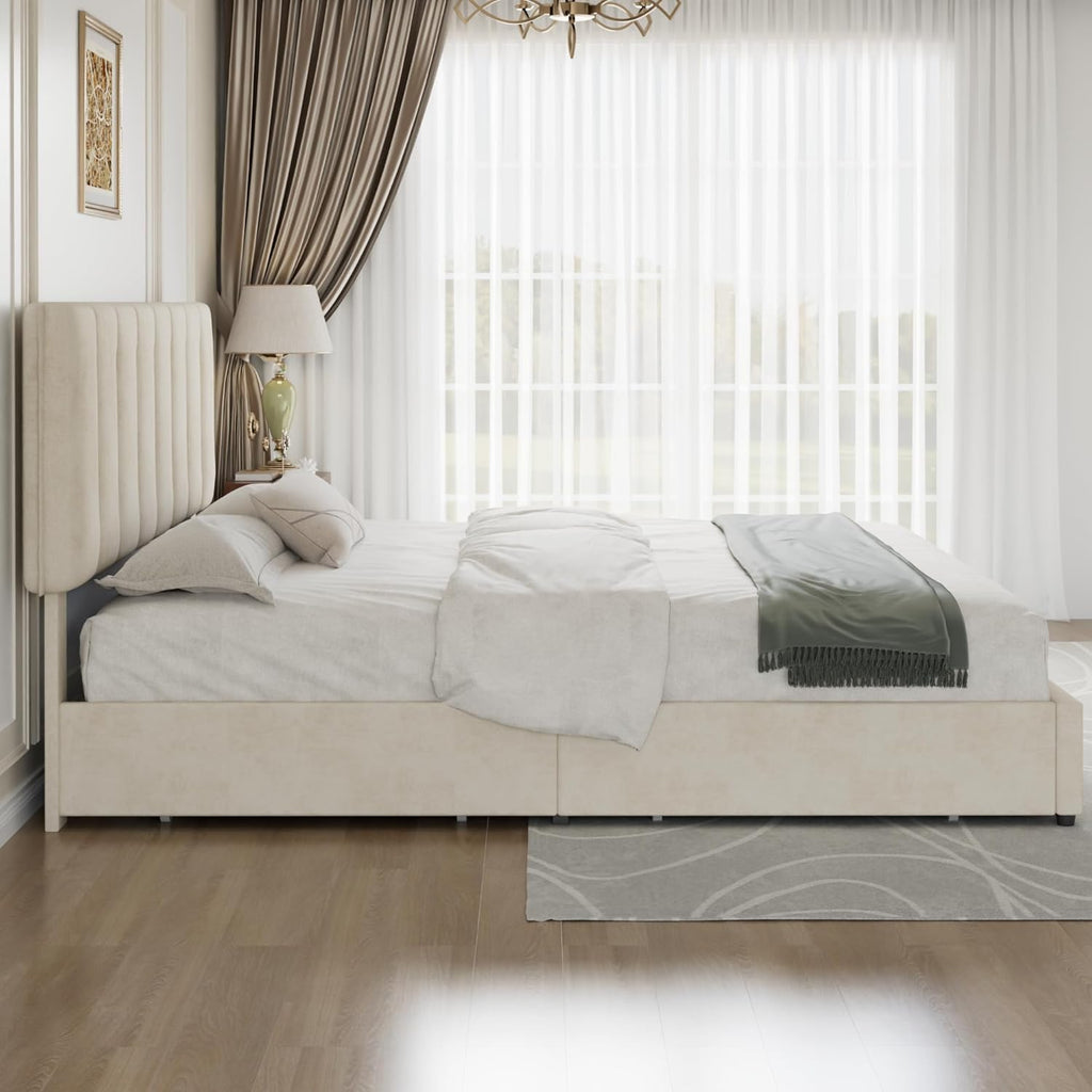 VECELO King Size Bed Frame with 4 Storage Drawers, Adjustable Height Headboard, Heavy-Duty Bedframe with Strong Wooden Slats, No Box Spring Needed, Pale Beige