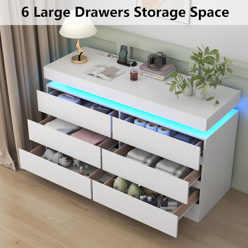 Gyfimoie 6 Drawer Dresser with Power Outlet, Dresser with LED Light, Modern Chest of Drawers for Closet, Double Wide Drawer Organizer Cabinet for Bedroom, Living Room (White, 6 Drawers)
