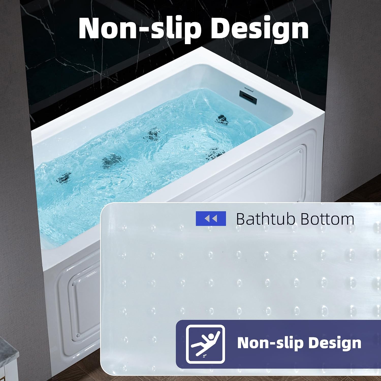 WOODBRIDGE 60' x 32' Alcove Acrylic Rectangular Whirlpool Heated Jetted Tub in White with right Drain, Matte Black Finish, BS667-R-MB02