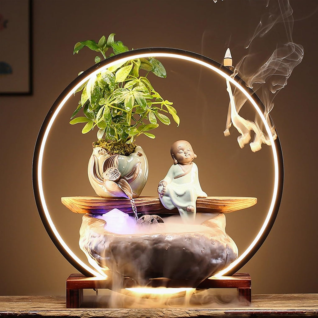 Tabletop Fountain with LED Light, Cwaterfall for Desk with Solid Wood Base & Water Storage Basin, Chinese Zen-Inspired Flowing Water Ornament for Office Living Room(D)