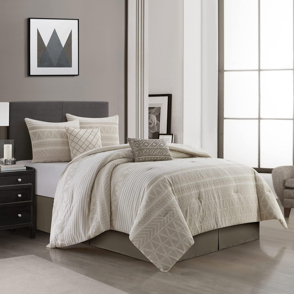 Grand Avenue Cotton Queen Size Comforter Set, 6 Piece, Beige Geometric Jacquard Bedding Set, Bedskirt, Pillows & Shams, Home Decor