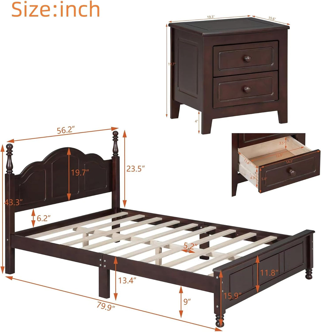 3-Pieces Bedroom Sets, Retro Style Full Size Platform Bed with Wooden Slat Support and Headboard, Wooden Bedroom Furniture Set with 2 Nightstands for Kids Teens Adults Bedroom (Walnut + Wood 078)