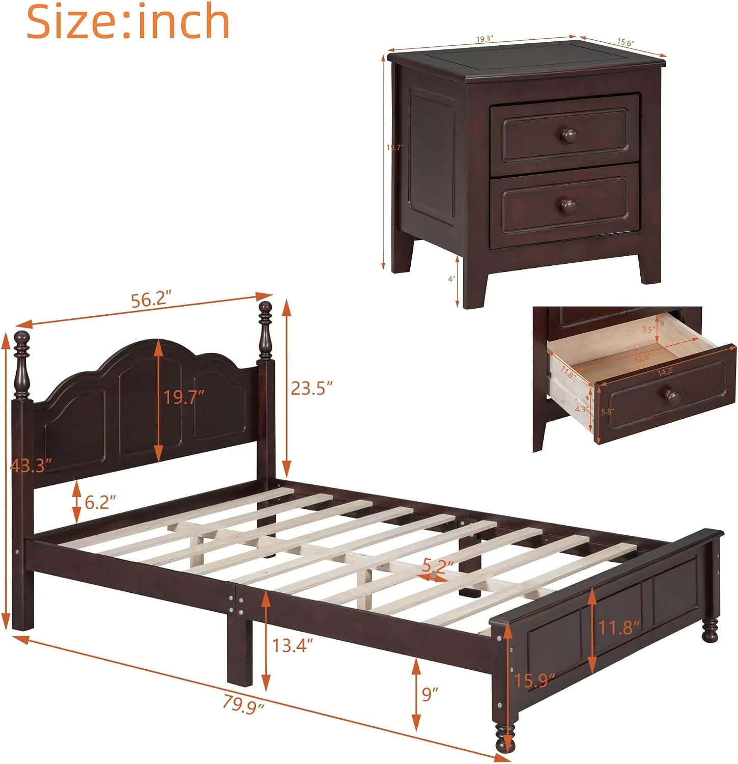 3-Pieces Bedroom Sets, Retro Style Full Size Platform Bed with Wooden Slat Support and Headboard, Wooden Bedroom Furniture Set with 2 Nightstands for Kids Teens Adults Bedroom (Walnut + Wood 078)