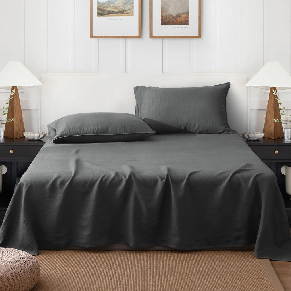 S VICTORY SYMBOL 100% Organic Linen Sheets Set Queen 4Pcs,Stone Washed French Flax Linen Bed Sheets(1 Flat Sheet,1 Fitted Sheet,2 Pillowcase) GOTS Certified,Farmhouse Bedding-Dark Grey
