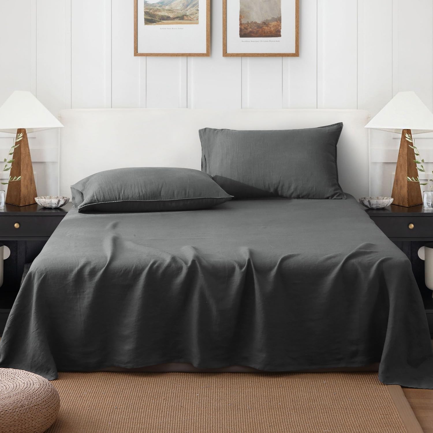 S VICTORY SYMBOL 100% Organic Linen Sheets Set Queen 4Pcs,Stone Washed French Flax Linen Bed Sheets(1 Flat Sheet,1 Fitted Sheet,2 Pillowcase) GOTS Certified,Farmhouse Bedding-Dark Grey