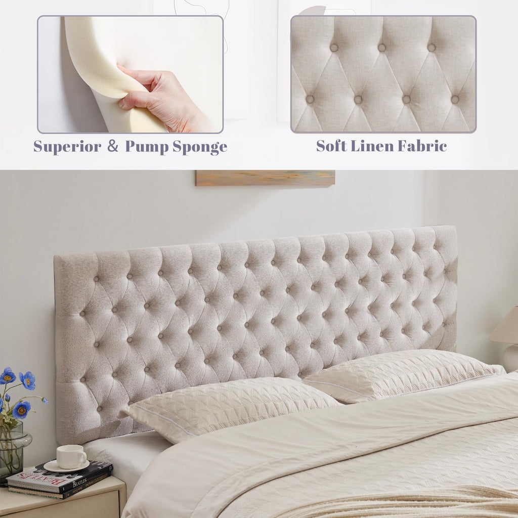 Kingfun Upholstered Queen Headboard Only, Premium Linen Button Tufted Headboards, Adjustable Solid Wood Head Board, Padded Headboard with Solid Wood Legs in Bedroom (Beige)