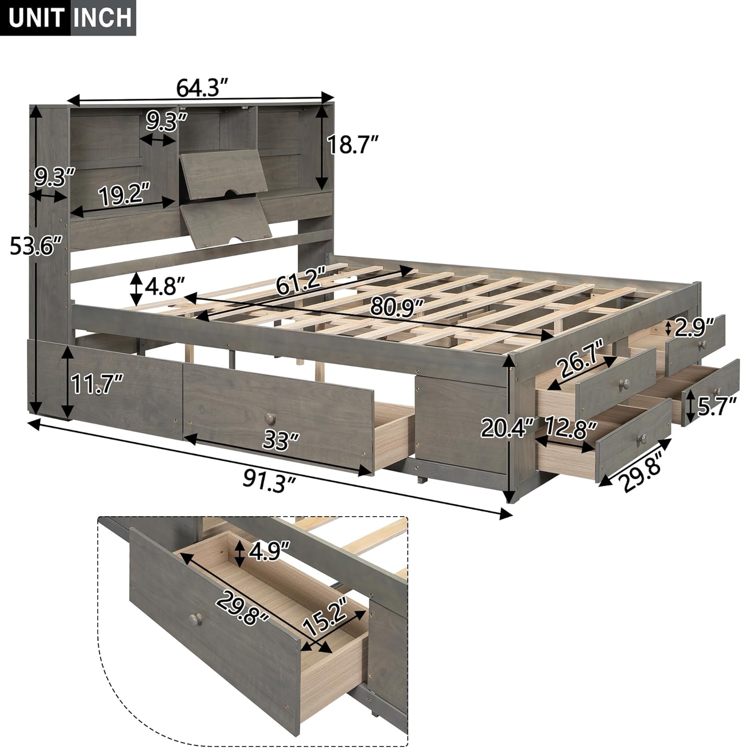 Queen Size Platform Bed with Storage Headboard, Solid Wood Platform Bed Captain's Bed Frame with 8 Drawers, Sturdy Slats Support, Maximize Space, Grey-8r