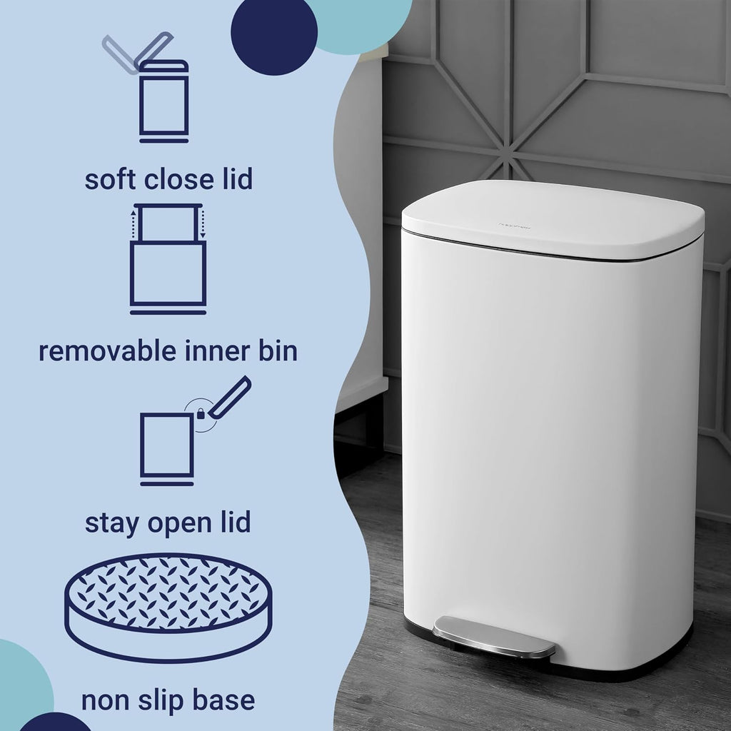 happimess HPM1006C Connor Rectangular 13-Gallon Trash Can with Soft-Close Lid and Free Mini Trash Can, Fingerprint Resistant, Modern, Minimalistic for Home, Kitchen, Office, Bathroom, White