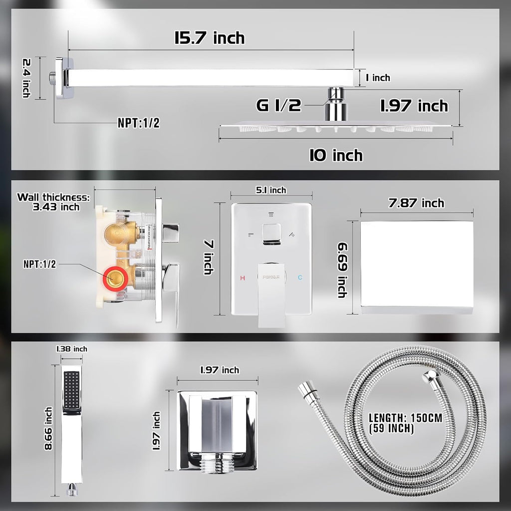 10 Inch Rainfall Shower System with Tub Spout Wall Mounted Complete Combo with Solid Brass Pressure Balancing Valve, High Pressure Shower Head, Handle Set & Installation Accessories Chrome