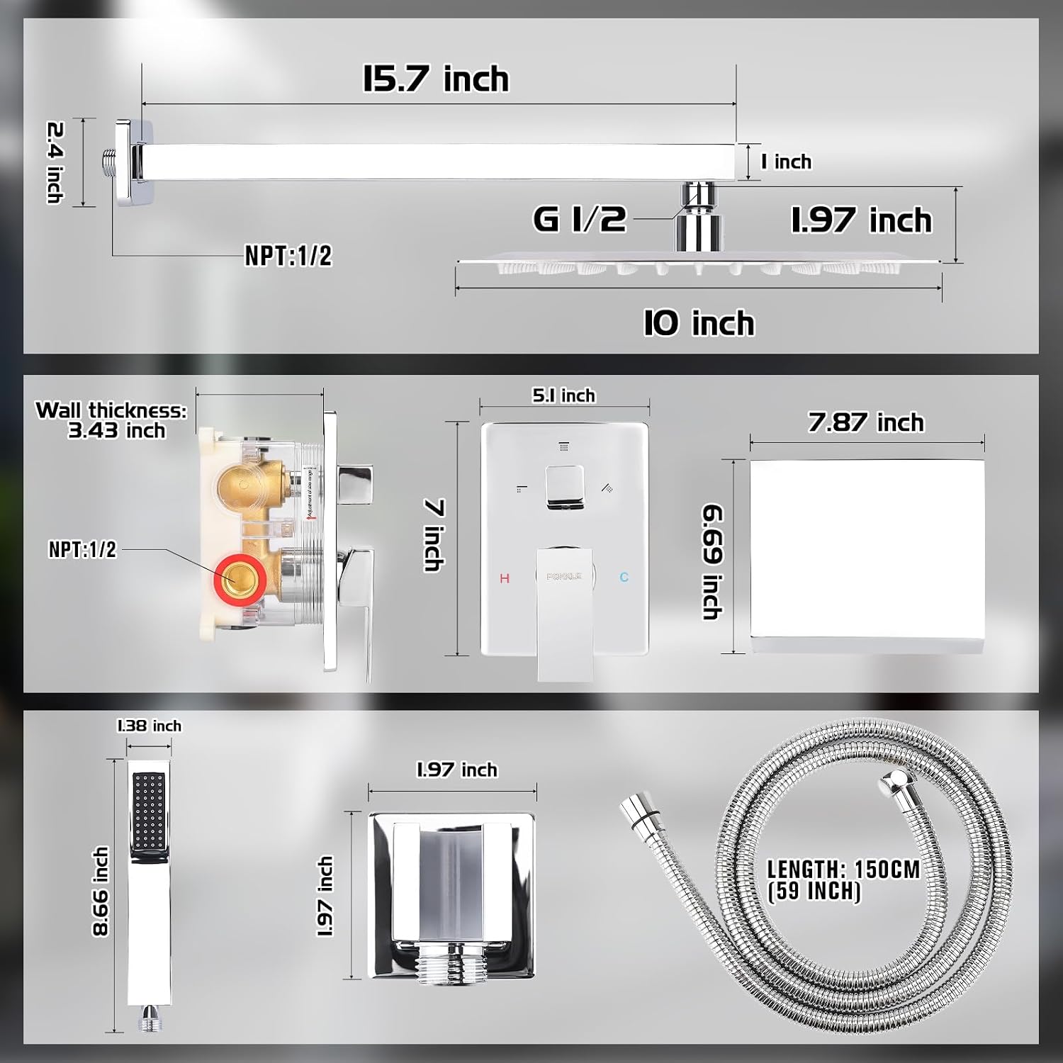 10 Inch Rainfall Shower System with Tub Spout Wall Mounted Complete Combo with Solid Brass Pressure Balancing Valve, High Pressure Shower Head, Handle Set & Installation Accessories Chrome