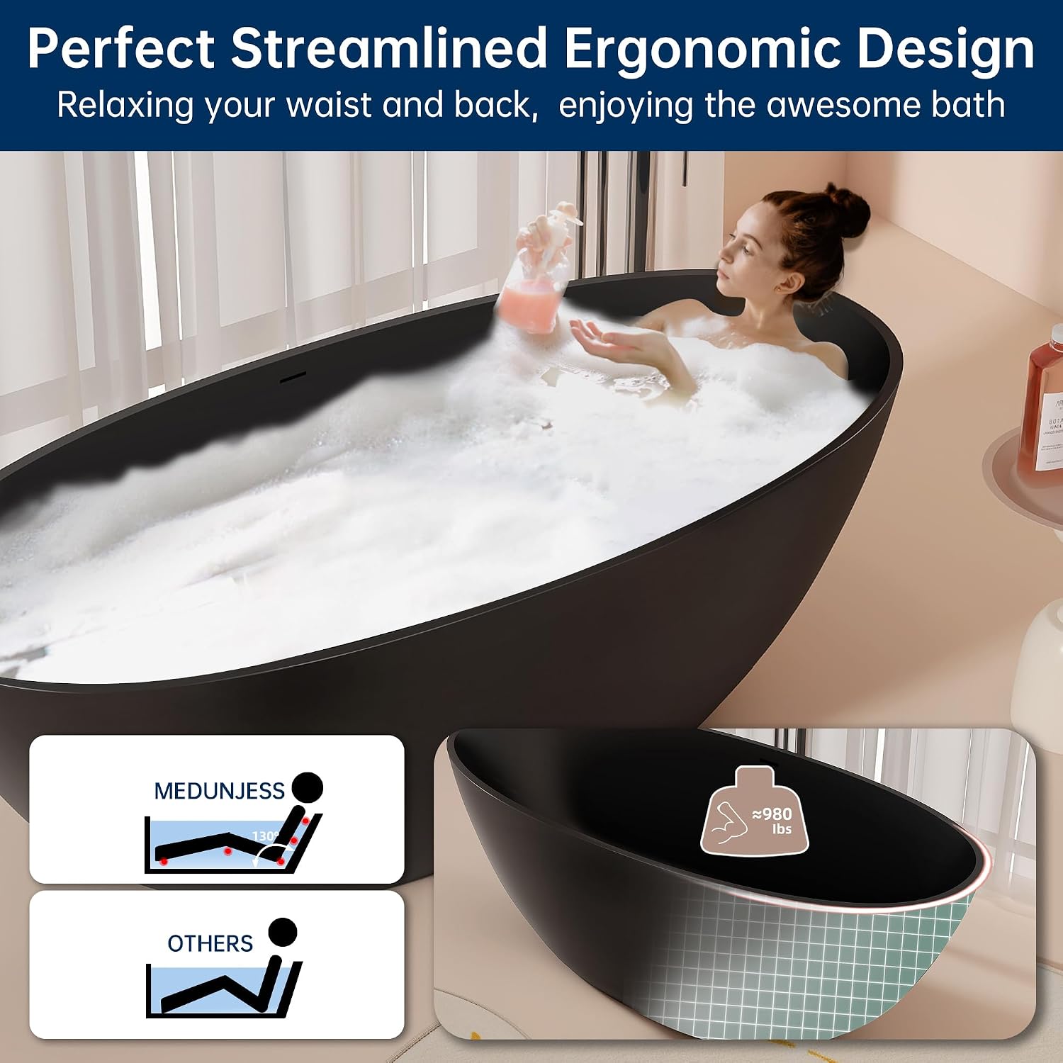 65' Stone Resin Freestanding Bathtub, Oval Solid Surface Bathroom Freestanding Tubs,Stand Alone Soaking Tub with Drain & Integrated Slotted Overflow Matte black