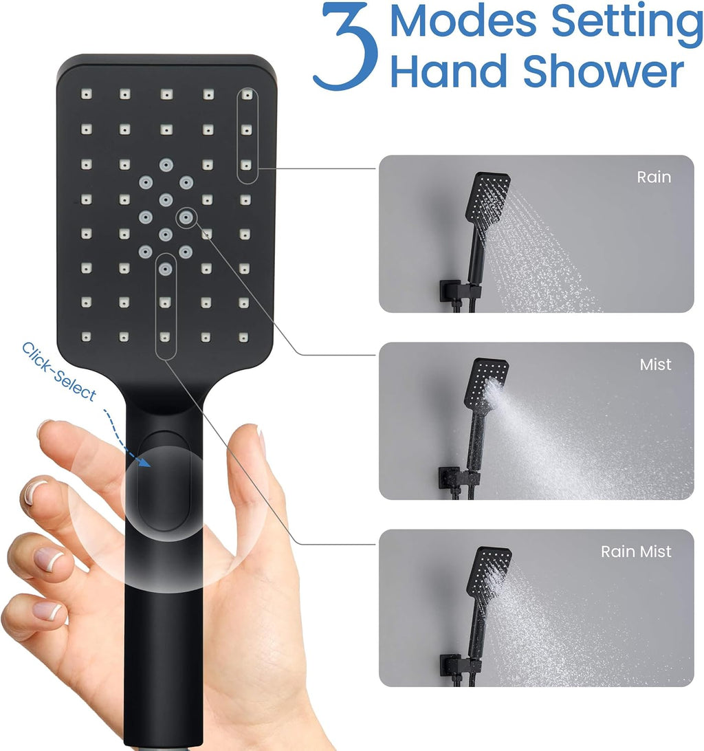 KIBI Cube Bathroom Shower System | 2-Function Wall Mounted Shower Faucet Set with Solid Brass Pressure Balanced Valve | Three Hand Shower Modes | 15-inch Long Shower Arm | Matte Black (KSF405)