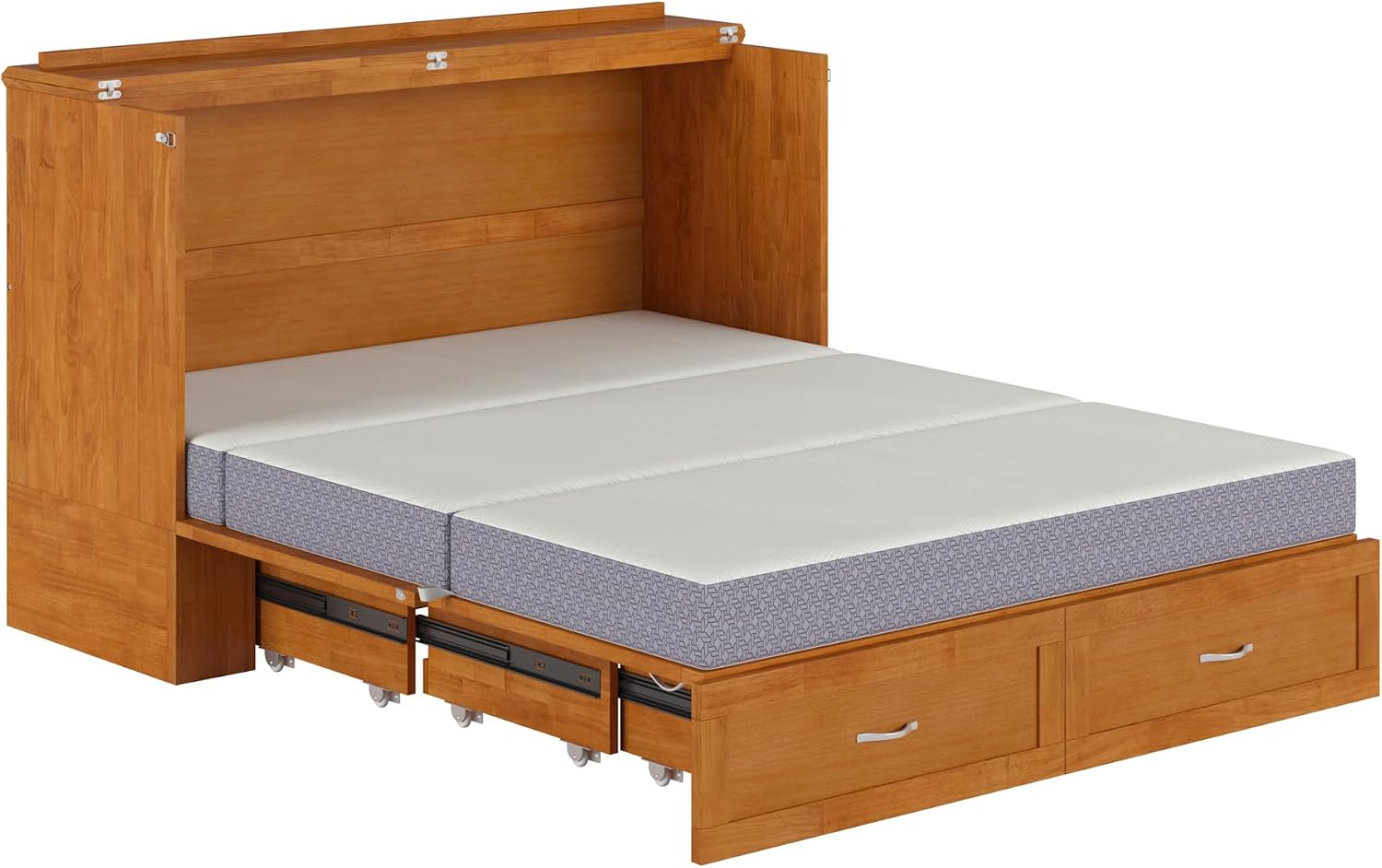 AFI Hamilton Queen Murphy Bed Chest with Mattress, Storage, and Built-in Charger in Light Toffee